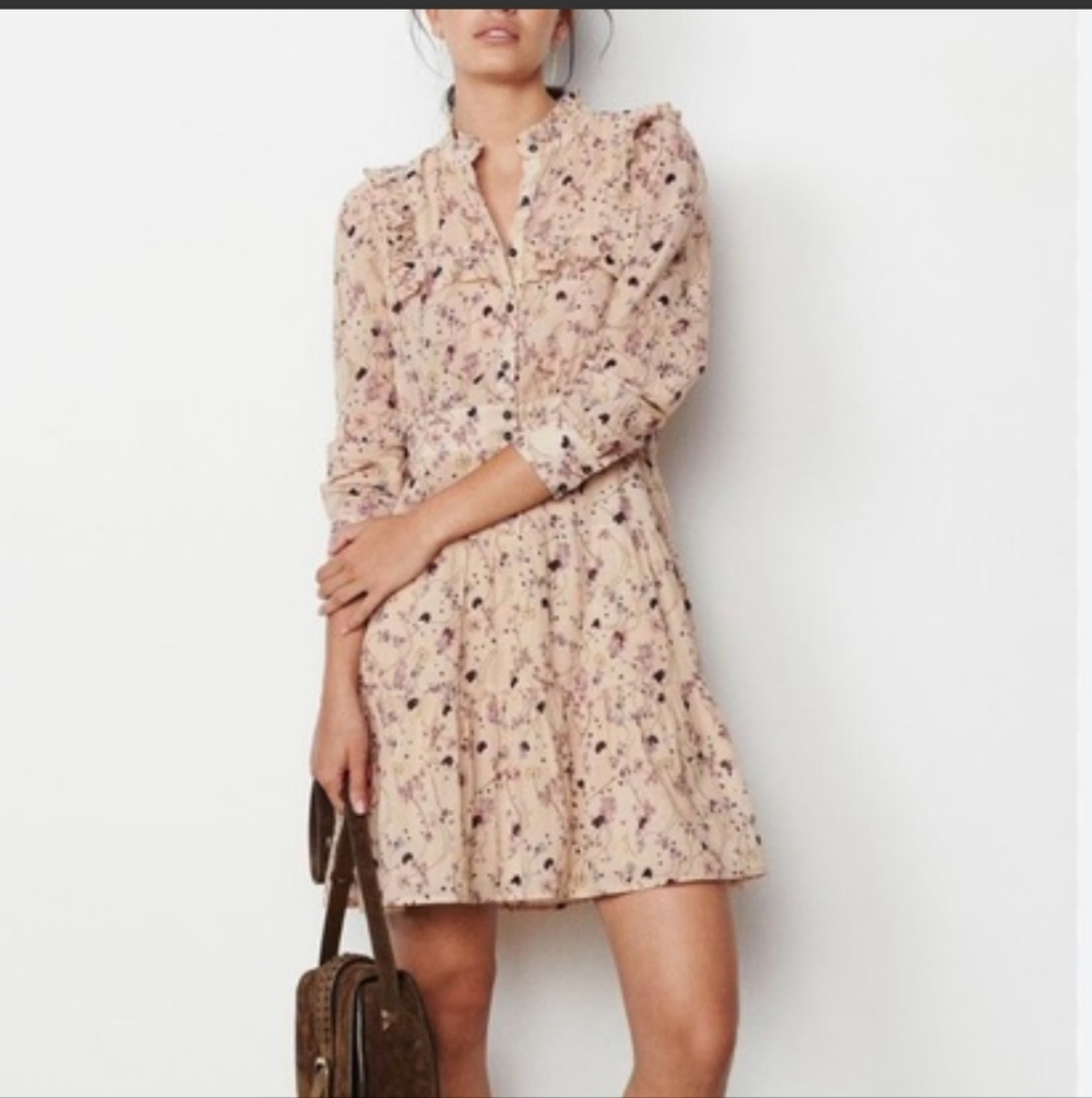 ba&sh Belle Ruffled Floral Print Cotton Cream Long Sleeve Mini Dress